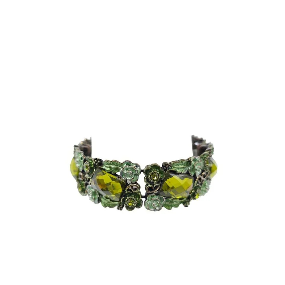 Green Prystal Enamel Flower Open Cuff Bangle Bracelet Vintage